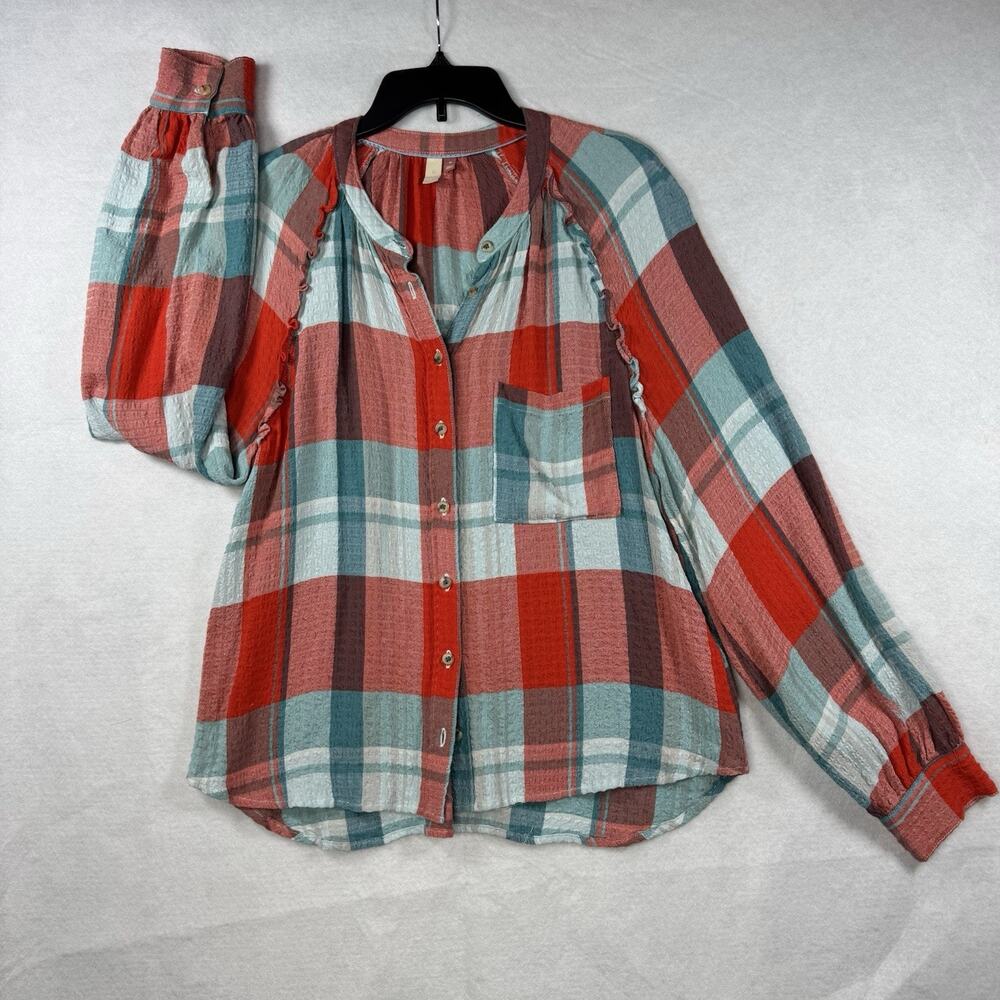 Anthropologie Pilcro Breezy Button down Plaid Blouse Women Medium Red Oversized - Picture 5 of 13